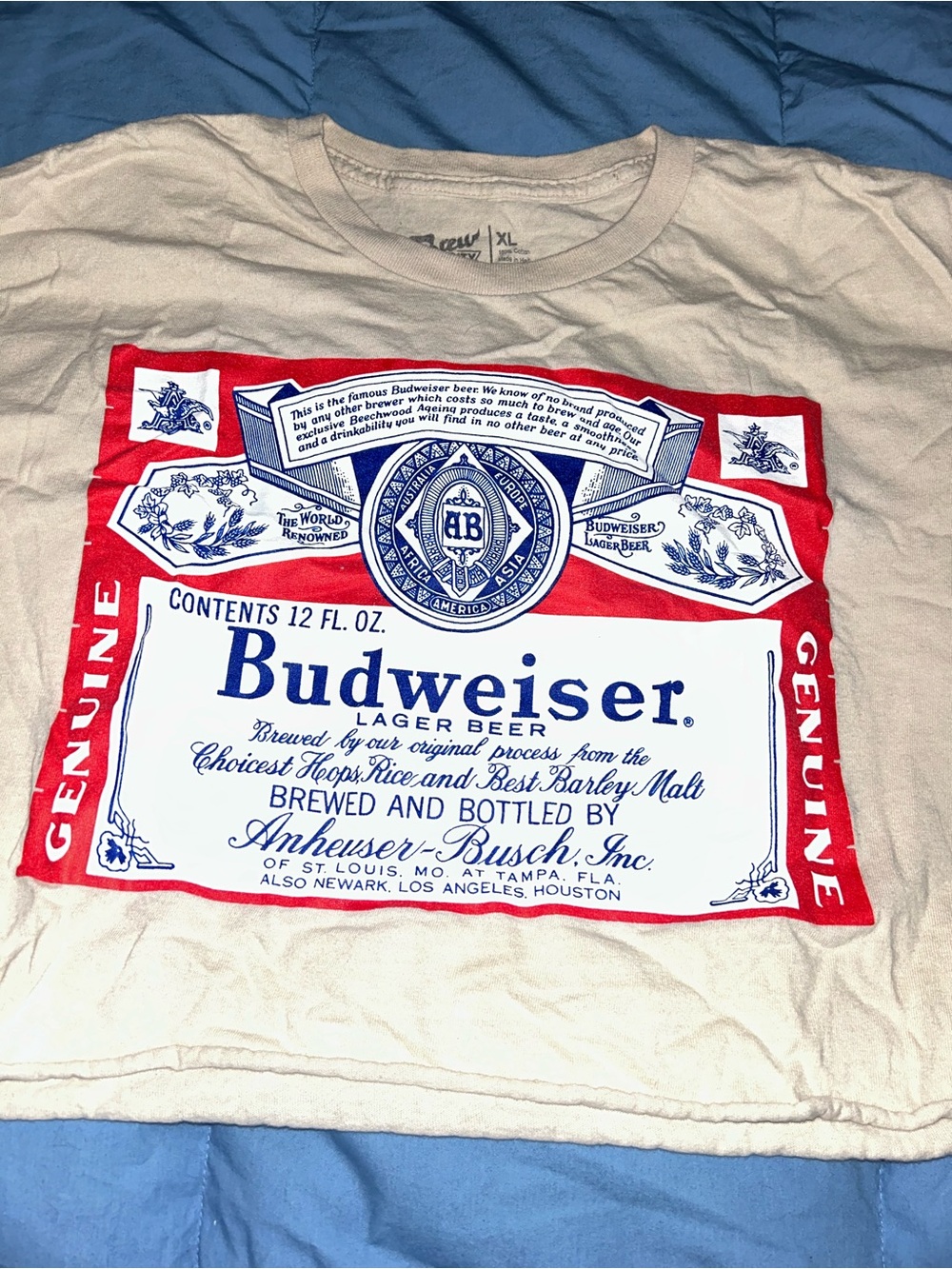 Cropped Cream Graphic Tee with Red & Blue Budweiser Label